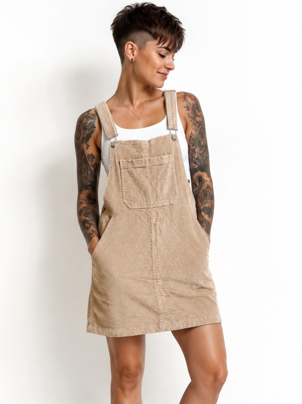 Tinseltown Beige Corduroy Overall Pinafore Dress - Size S